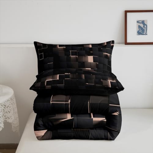 Erosebridal Black and Pink Bedding Set King Neon Geometric Checkered Comforter Set for Kids Girls Teen,Tereoscopic Grids Comforter Square Plaid Quilt Duvet Room Decor 3 Pcs