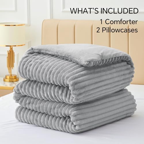 BEDELITE Fleece California King Comforter Set, Fluffy Bed Set, Light Grey