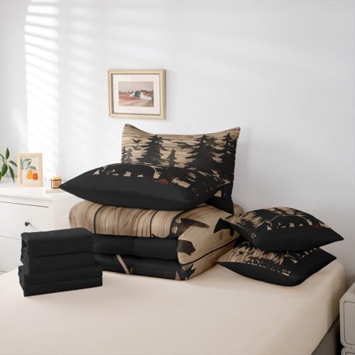 Erosebridal Farmhouse Cabin Full Comforter Set with Sheets 7 Piece Rustic Bear Bed in A Bag Hunting Camping Themed Bedding Sets for Women Adults Vintage Pine Tree Wooden Board Bed Set