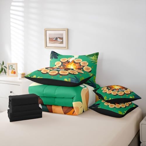 Erosebridal Campfire 7 Piece Comforter Set Full Tree Stump Bed in A Bag Happy Camping Bedding Sets for Kids Boys Girls Woodland Campsite Forest Stones Trees Sheet Set with Comforter