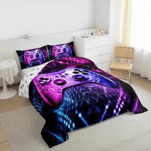Castle Fairy Teens Gamepad Comforter Set,Modern Gamer Reversible Down Comforter Twin Size for Kids Boys Children Youth,Video Game Bedding Set Player Gaming Duvet Insert for Bedroom,Blue Pink