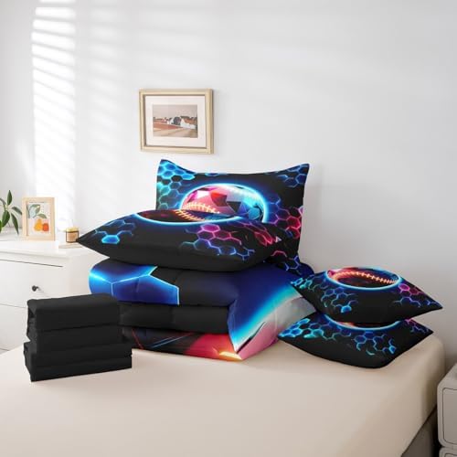Erosebridal Baseball Full Bedding Set - 3D Glitter Ball Pattern Bed in A Bag,Colorful Neon Honeycomb Comforter Sets with Sheets, Geometric Hexagon 7 Pieces Bed Set Bedroom Decor