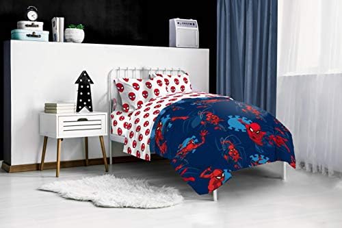 Marvel Spiderman Twin Comforter Set 4 Piece Kids Bedding for Boys, Blue