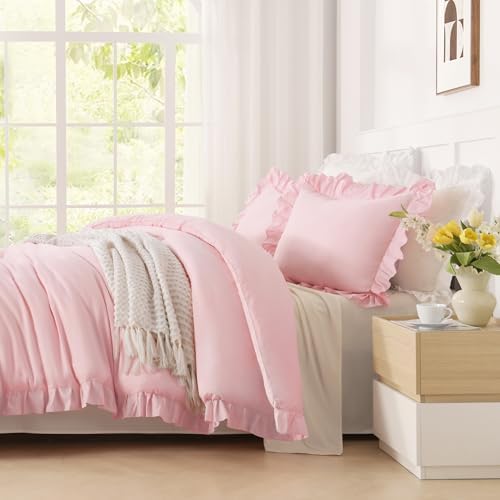 Andency Pink King Size Comforter Set, 3 Pieces Solid Farmhouse Bedding