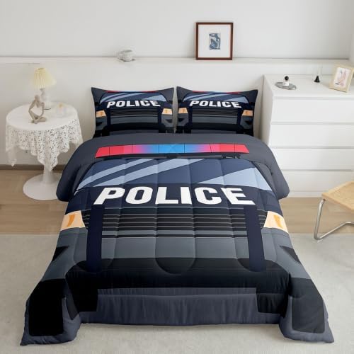 Feelyou Police Car Comforter Set King Size Automobile Bedding Set for Kids Boys Girls Policeman Vehicle Duvet Quilt Bedroom Decor Microfiber 3 Pcs with 2 Pillow Cases