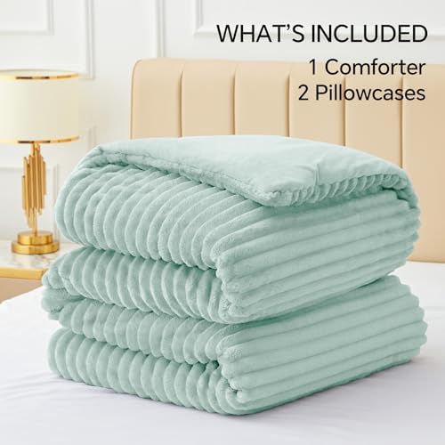 BEDELITE Fleece Queen Comforter Set, Fluffy Bed Set, Light Green