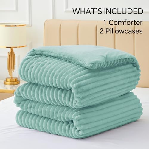 BEDELITE Fleece Full Comforter Set, Fluffy Bed Set, Haze Blue