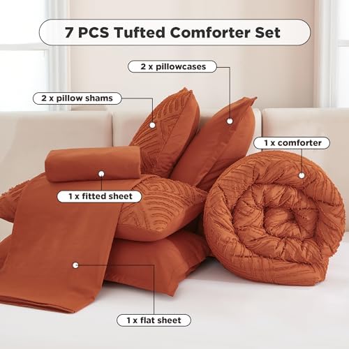 Andency Oversized Queen Comforter Set 7 Pieces, Burnt Orange