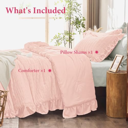 JOLLYVOGUE Blush Pink Twin/Twin XL Comforter Set, 2pcs Seersucker Bed Set