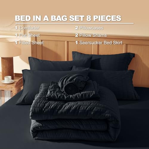 Laojin Balhen King Size Comforter Set 7 Pieces, Black Seersucker Bed in a Bag Set King Size, All Season Luxury Bedding Sets with Comforter, Sheets, Pillowcase & Sham