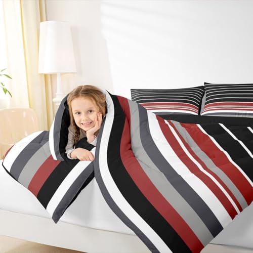 jejeloiu Black Red Gray Stripes Bedding Set Soft for Boys Girls, Geometric Comforter Set King Size Modern Duvet Quilt Microfiber Luxury Bedroom Decor 3 Pcs with 2 Pillow Cases