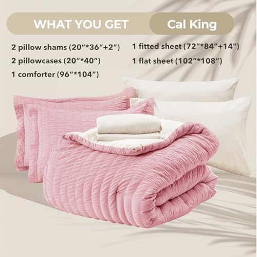 HYMOKEGE Pink/Ivory California King Comforter Set Seersucker 7 Pieces, All Season Luxury Bed in a Bag for Bedroom, Bedding Set with Comforter, Sheets, Pillowcases & Shams