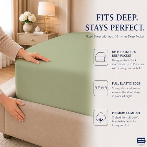 Cottingon 4 Piece Twin Sheets Fits 16" Deep, Egyptian Cotton, Sage