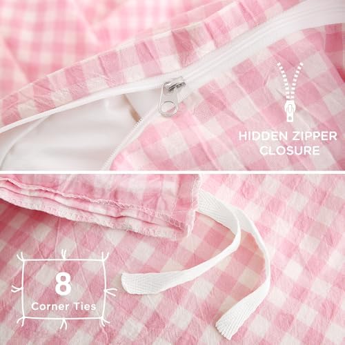 TOCOMOA Pink Gingham Duvet Cover Bedding Set Washed Cotton Like Linen, King