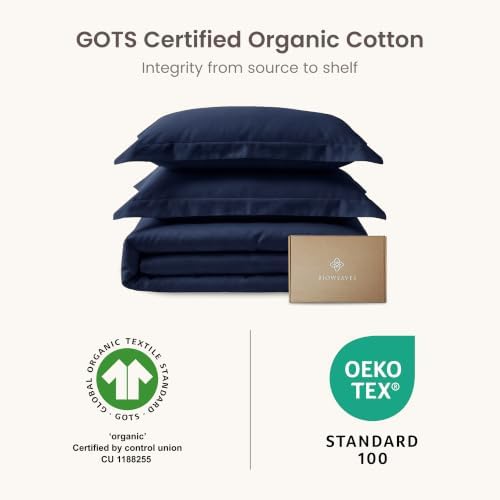 BIOWEAVES 100% Organic Cotton King Duvet Cover Set, 3-Piece, 300 Thread Count Sateen Weave GOTS Certified Comforter Cover with Buttoned Closure and 2 Pillow Shams – Navy Blue, 104x90 inches