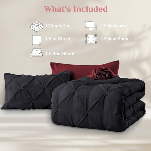 JOLLYVOGUE Twin Comforter Set 7 Pieces - Bed in a Bag Twin for All Season, Pintuck Bedding Comforter Sets with Comforter, Flat Sheet, Fitted Sheet and Pillowcases & Shams, Black & Burgundy