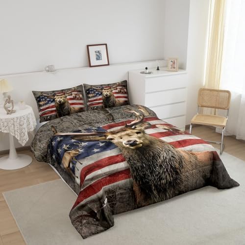 American Flag Deer Comforter Set Twin Size, Kids Boys Room Decor Brown Wildlife Animal and Trees Theme Bedding Comforters, Colorful USA Flag Print Natural Duvet Set with 1 Pillowcase, Soft