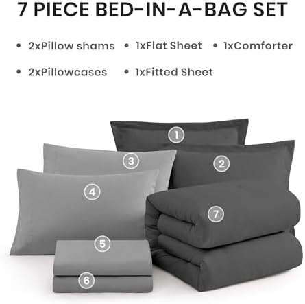 Monbix Oversized Queen Comforter Set 7 Pieces Dark Grey Bed in a Bag