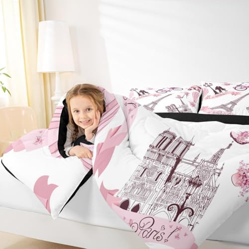 Paris Bedroom Comforter Set King France Eiffel Tower Bedding Set for Kids Girls Women Bedroom Decor Pink Butterfly Tower Down Comforter Romance Couple Travel Quilt Duvet Sets with 2 Pillow Cases White