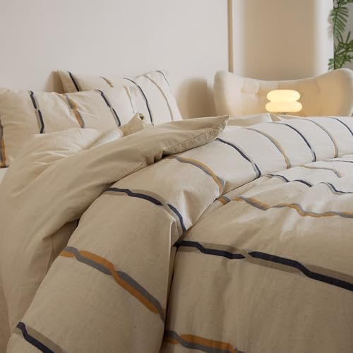 mixinni Cotton Linen Jacquard Duvet Cover Set Queen, 3-Piece Mid-Century Modern Bedding, Vintage Striped Bohemian Duvet Cover with 2 Pillowcases, All-Season Breathable Comforter Cover-Queen Size