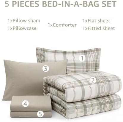 Plaid Twin XL Comforter Set Grey White 5 Pieces College Dorm Bed in a Bag