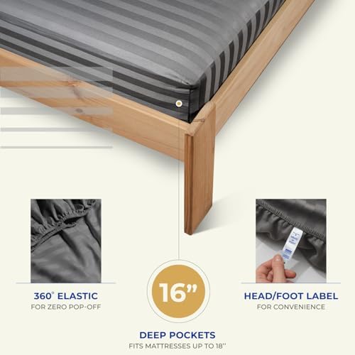THREAD SPREAD Egyptian Cotton Sheets King Size - 1000 Series High Thread Count Cotton King Size Sheets Set (4 PC, Dark Grey - Stripe) 16" Snug Fit Deep Pocket, Sateen Ultra-Soft Hotel Luxury Sheet Set