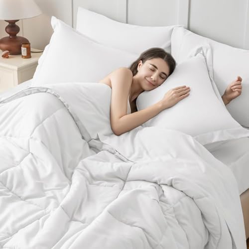 JOLLYVOGUE Full Comforter Set, Ultra-Soft Bed in a Bag Full Size 7 Pieces, Oeko-TEX Certified Bedding Set with Down Alternative Comforter, Sheets, Pillowcases & Shams, White