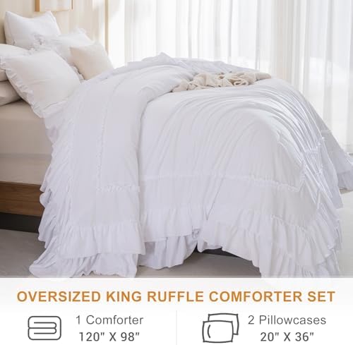 Masaca White Oversized King Comforter 120x98,Farmhouse Shabby Boho Chic Ruffle California King Comforter Set 3 Pieces French Country Rustic Bedding (1 Ruffled Comforter+2 Pillow Shams)