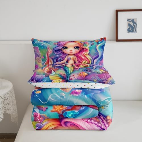 Castle Fairy Mermaid Comforter Sets Queen Size Cartoon Princess Rainbow Mermaid Bedding Set for Kids Girls Teens Bedroom Decor,Cute Ocean Animal Theme Duvet Quilt Watercolor Reversible Soft Comforter