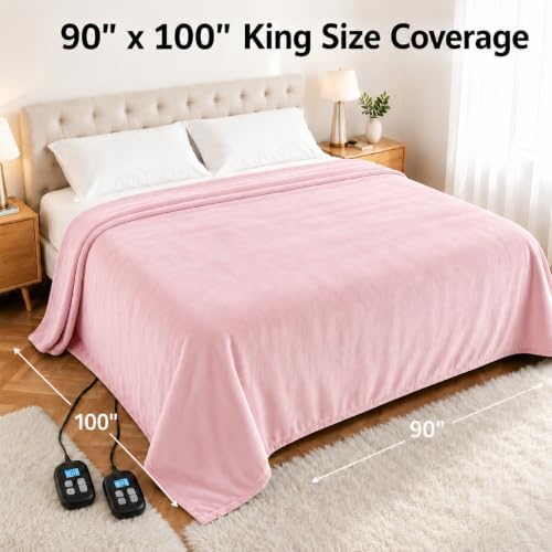 Electric Heated Blanket King Size 90" x 100", Soft Flannel for Bed, Couples, 10 Heat Settings, 1-12H Auto Shut Off, Dual Zone Controls, Overheat Protection, Machine Washable, Light Pink