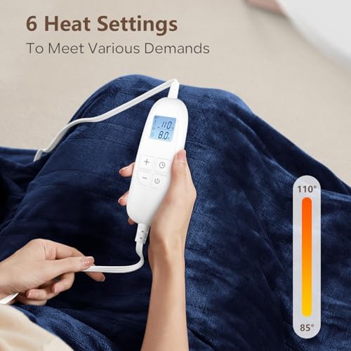 Electric Heated Blanket Queen Size 84" x 90" with 6 Heating Levels & 8h Auto Off, Ultra Soft Flannel Full Body Fast Heating Warming Blanket for Bed Sofa Home Office, Machine Washable, Blue