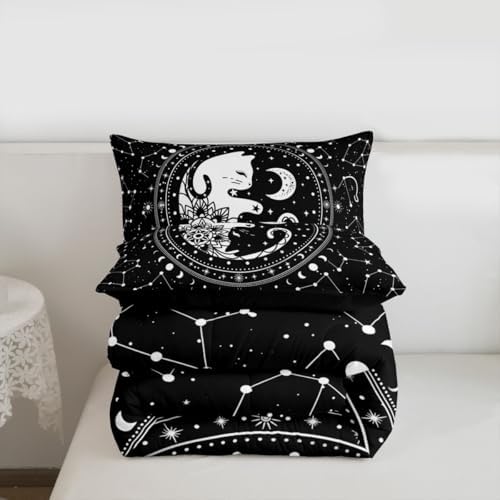 Cute Cats Comforter Set King,Gothic Star Sky Moon Constellation Bedding Set 3pcs for Kids Teens Boy Girls Room Decor,Animals Flower Plants Quilt Set Black Exotic Duvet Insert with 2 Pillowcases
