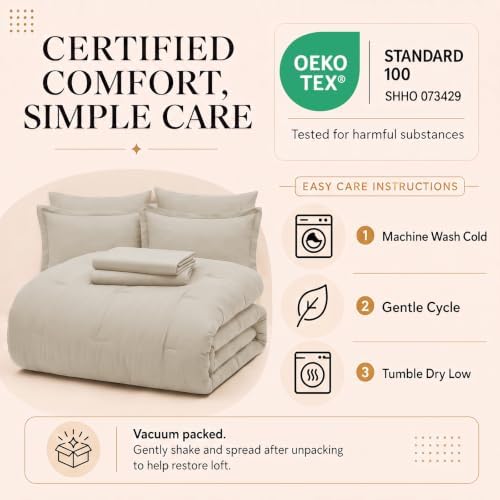 CozyLux Oversized Queen Comforter Set Beige, 7 Pieces Bed in a Bag
