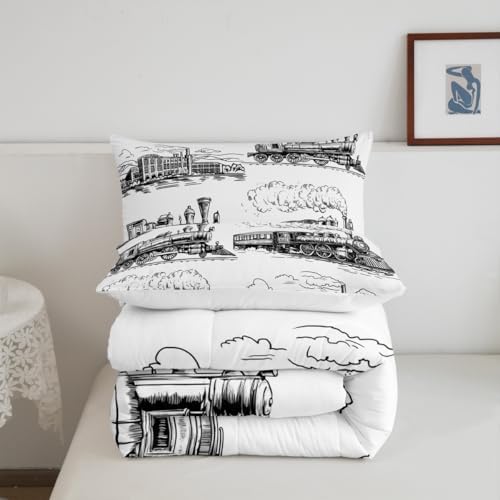 Manfei Train Comforter Set - Twin Size Retro Steam Locomotive Down Comforter with 1 Pillowcase - Vintage Train Bedding Set 2pcs for Kids Boys Adults Bedroom Decor - Lightweight Duvet Insert
