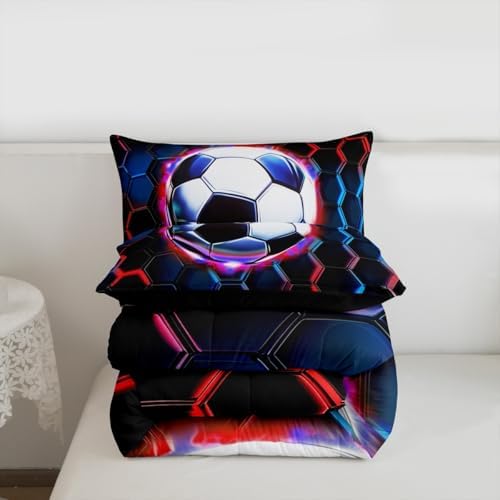 FootballComforter Set King Size,Soccer Game Ball Sports Kids Bedding Set,Geometric Honeycomb Hexagon Quilt Comforter,Black Red Duvet Insert,2 Pillowcases