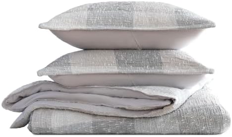 SLEEP ZONE Comforters King Set, Modern Plaid Bedding Set Gray White 3 Pcs