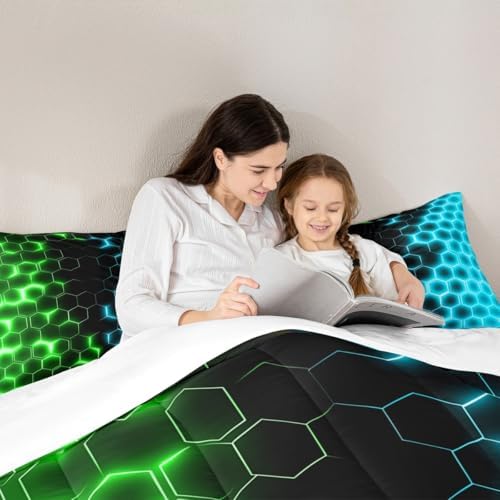Feelyou Green Blue Honeycomb Bedding Set Fluorescent Geometrics Hexagon Comforter Set Beehive Hexagon Comforter for Boys Girls Geometric Duvet Set Queen Size Quilt 3Pcs Boys