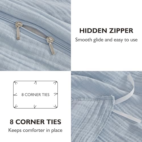EMME Muslin Cotton Duvet Cover Set Linen Like Blue Queen