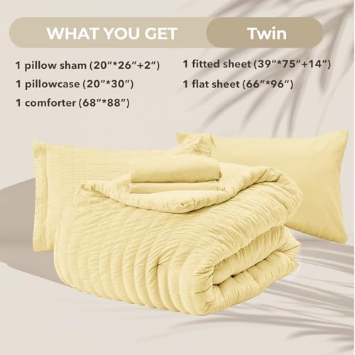 HYMOKEGE Yellow Twin Comforter Set Seersucker 5 Pieces, All Season Luxury Bed in a Bag for Bedroom, Bedding Set with Comforter, Sheets, Pillowcase & Sham