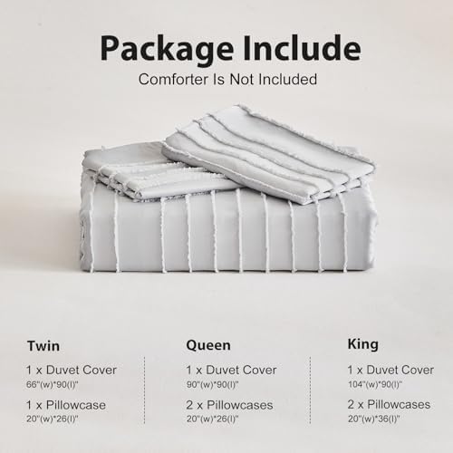 WARMDERN King Boho Duvet Cover Set, Light Grey Striped Microfiber 3pcs Bedding, Zipper Closure, Tufted Bohemian Design, Ultra Soft, Machine Washable