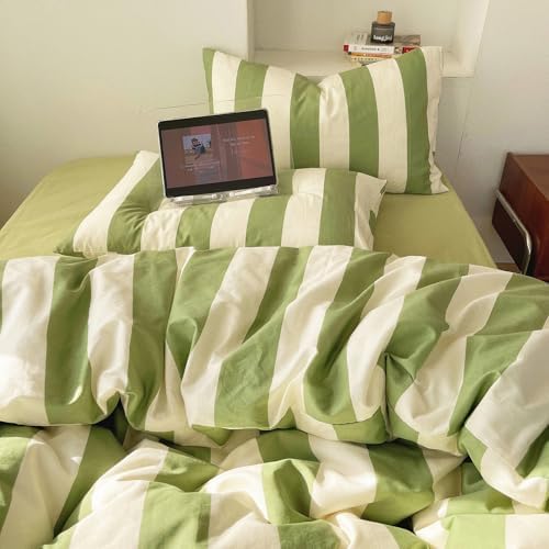 LifeTB Striped Comforter Set Queen Green White Stripes Pattern Printed Comforter 3 Pieces Lightweight Bedding Comforter with 2 Pillowcases Breathable Soft Comfy Farmhouse Striped Comforter Set