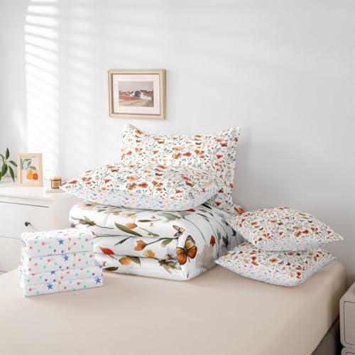 Erosebridal Cute Pink Floral King Bedding Set 7 Piece Colorful Boho Flower Bed in A Bag with Sheets Watercolor Wildflower Butterflies Comforter Set for Kids Girls Women,Rustic Flowers Bed Sets