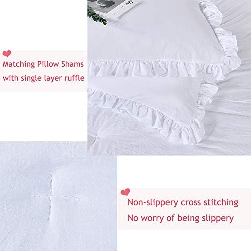 Masaca White Ruffled Comforter Set Queen,Lightweight Farmhouse Shabby Boho Chic White Bedding,Ultra Soft Fluffy Washed Microfiber Bed Comforter Set 3-Piece (1 White Comforter+2 Ruffle Pillow Shams)