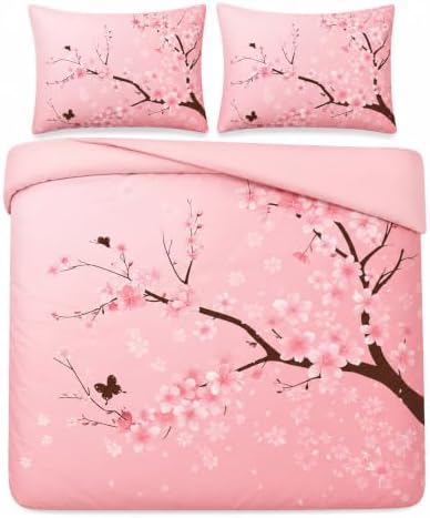 CCoutueChen Pink Cherry Blossom Comforter Set Queen,Japanese Floral Bedding