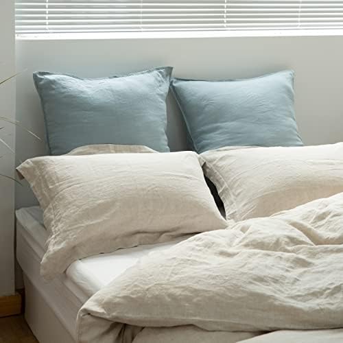 Simple&Opulence 100% Washed Linen Euro Shams 26'' x 26'' Pack of 2, Basic Style Solid Color Natural Flax Farmhouse Decorative Square Throw Pillow Covers for Bed Couch Sofa - Dusty Blue