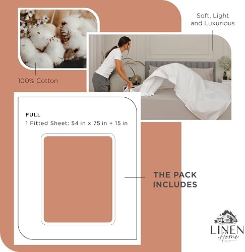 Linen Home 100% Cotton Percale Fitted Sheet only, Full Size, Tera Clay