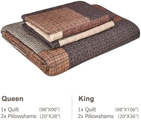 Finlonte 100% Cotton Queen Quilt Set, Farmhouse Plaid Queen Quilted Bedspread, Brown Lightweight Reversible Comforter Bedding Set for All Season, 3-Piece