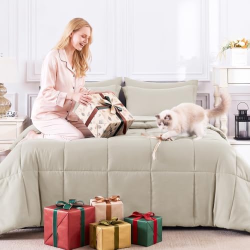 CozyLux Oversized King Comforter Set, 7-Piece Bed in a Bag, Beige