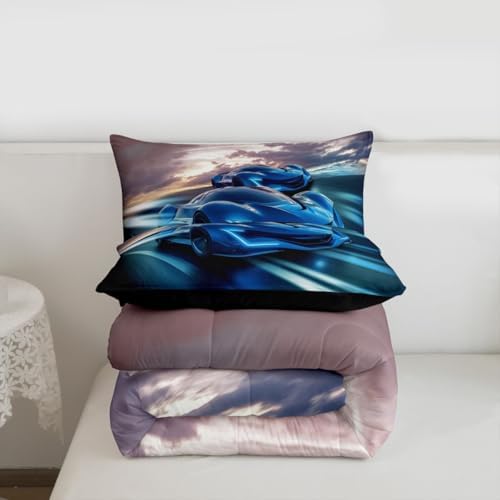 Erosebridal King Size Comforter Set for Boys Race Car Bedding Bedroom Decor, Sports Car for Boys Girls Teen Kids Children Car Racing Gifts, Race Cars Bed Set,Blue Black
