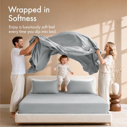 Queen Sheets Set, 4 Pcs 16" Deep Pocket Hotel Luxury Bed Sheets, Light Grey